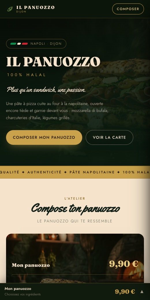 Capture du site ilpanuozzo.fr : la page d'accueil et le bouton « Composer mon panuozzo ».